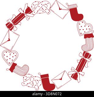 Corona natalizia disegnata a mano con calze, regalo e pretzel in stile art-style con linea doodle Illustrazione Vettoriale