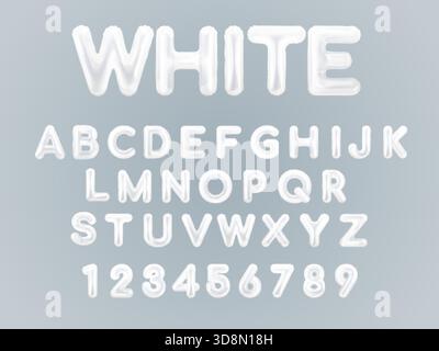 Alfabeto palloncino bianco. Carattere realistico della bolla, lettera dell'effetto di gonfiaggio del liquido del latte numeri astratti 3d disegno tipografico y2k alla moda testo gonfio illustrazione vettoriale esatta isolata grafica originale Illustrazione Vettoriale