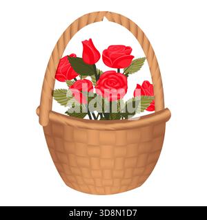 Un bouquet di rose rosse brillanti in un cestino legato a un fiocco scarlatto. Illustrazione vettoriale isolata su un bianco Illustrazione Vettoriale