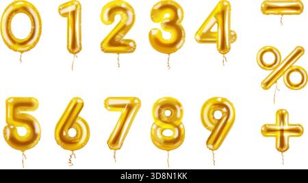 I numeri della mongolfiera dorata. Numeri palloncini realistici, cifra lamina d'oro più festa per l'anno di compleanno in percentuale o sconti alfabeto aziendale testo anniversario, illustrazione vettoriale esatta grafica originale Illustrazione Vettoriale