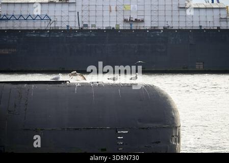 Sottomarino russo nel porto di Amburgo. Vecchio sottomarino russo con gabbiani al porto di Amburgo. Landungsbrücken. Foto Stock