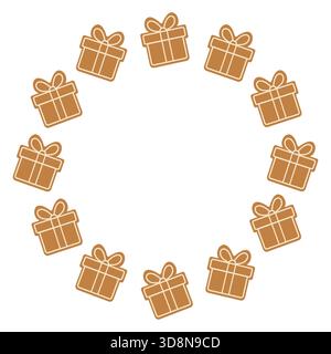 Regalo carino. Telaio rotondo. Biscotti di Natale. Sfondo bianco isolato. Illustrazione vettoriale. Illustrazione Vettoriale