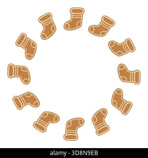 Bella calza di Natale. Telaio rotondo. Biscotti di Natale. Sfondo bianco isolato. Illustrazione vettoriale. Illustrazione Vettoriale