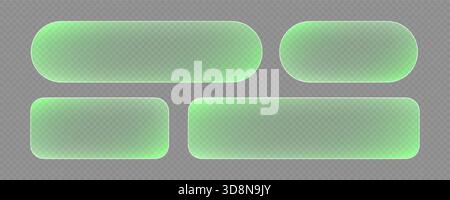 Pulsanti in vetro trasparente, striscioni verdi trasparenti. Modelli di interfaccia futuristici per la progettazione Web. Illustrazione Vettoriale