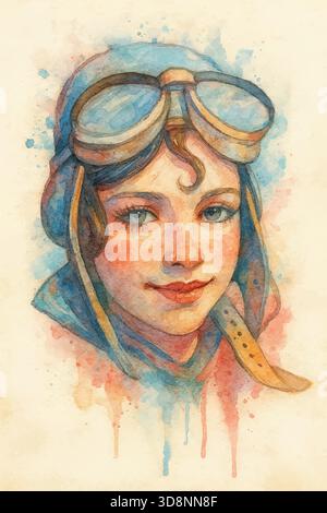 Ritratto ad acquerello di una donna aviatrice anni '1920 che indossa occhiali e casco da volo, illustrato in un colorato stile splash multimediale. Illustrazione Vettoriale