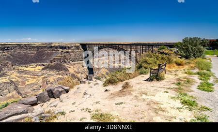 Vista dell'arco del Perrine Bridge a Twin Falls, Idaho. La struttura in acciaio attraversa le profonde scogliere basaltiche del canyon del fiume Snake sotto un cielo azzurro. Rappresenta l'ingegneria e l'infrastruttura Foto Stock