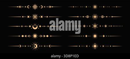 Bordi o sottolineature del divisore celeste. Divisori vettoriali mistici, eleganti linee di separazione fantasia lineare. Bordi esoterici della cornice di Boho o spaziatori dorati celesti con mezzaluna e stelle Illustrazione Vettoriale