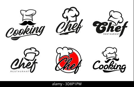 Icone del cappello dello chef cuoco, simboli culinari e panetteria, ristoranti e catering. Toques vettoriali da chef, cappelli da cucina o cappucci da fornaio con coltelli, cucchiaio e baffi d'epoca, set di emblemi isolati, bistrot o cucina Illustrazione Vettoriale