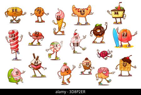 Personaggi cartoni animati dolci e caramelle, personaggi di dessert retrò vettoriali con volti felici. Deliziosa torta al cioccolato, gelato, croissant e cupcake, allegri biscotti, ciambelle e dolci a base di ciambelle Illustrazione Vettoriale