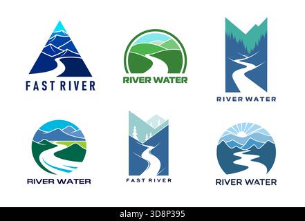 La strada fluviale è caratterizzata da ruscelli vettoriali nella valle di montagna, dal sole e dalla foresta. tortuoso fiume o torrente tra verdi colline, lago blu con increspature, simboli dell'oceano e delle onde marine Illustrazione Vettoriale