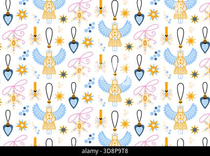Fantasia perfetta per Natale e Capodanno. Tessuti di stagione. Design della carta da imballaggio stampabile. Decorazioni natalizie, arco, inverno, fiocchi di neve, stella Foto Stock