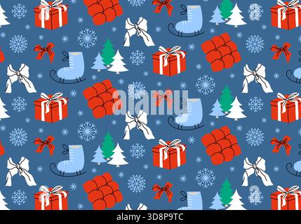 Fantasia perfetta per Natale e Capodanno. Tessuti di stagione. Design della carta da imballaggio stampabile. Regali per le feste, decorazioni natalizie, fiocchi di neve, inverno. Foto Stock