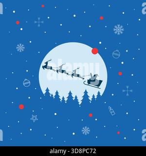 Silhouette di Babbo Natale e della sua slitta con renne sullo sfondo blu. Illustrazione vettoriale Illustrazione Vettoriale