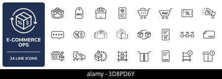 Set di icone operazioni e-commerce e linea logistica con tratto modificabile. La raccolta include inventario, SKU, magazzino, distinta di imballaggio, RMA, ordine Illustrazione Vettoriale
