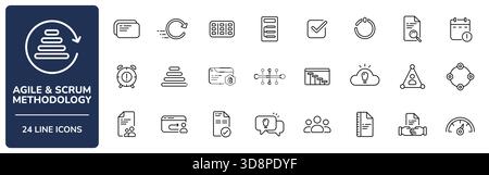 Set di icone della linea metodologia agile e Scrum con traccia modificabile. Raccolta di sprint, produttività, backlog, tabellone kanban, grafico Gantt, flusso di lavoro, attività Illustrazione Vettoriale
