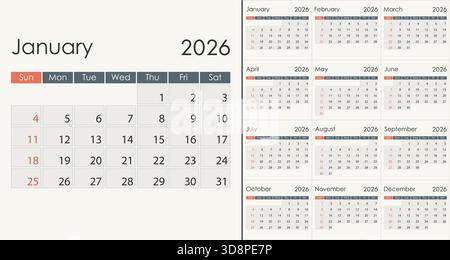 Layout griglia calendario 2026 annuale minimalista pulito, in lingua inglese, inizio settimana domenica Illustrazione Vettoriale