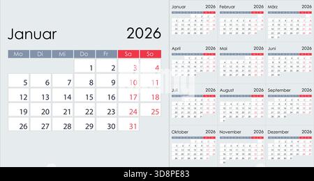 Layout griglia calendario 2026 annuale minimalista pulito, in lingua tedesca, inizio settimana lunedì Illustrazione Vettoriale
