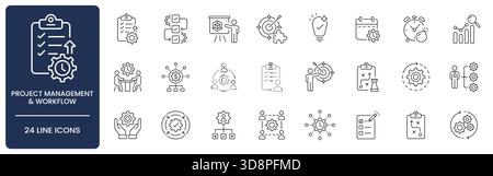 Set di icone Gestione progetto e linea flusso di lavoro con traccia modificabile. Raccolta del piano strategico, del programma, del budget, della scadenza, dell'elenco delle attività, ottimizzazione Illustrazione Vettoriale
