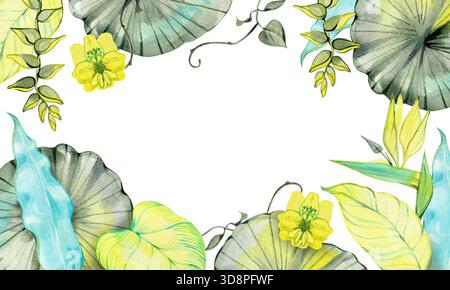 Una delicata cornice tropicale ad acquerello caratterizzata da foglie verdi lussureggianti, fogliame simile a un loto e fiori gialli tenui. Perfetto per inviti e disegni estivi Foto Stock