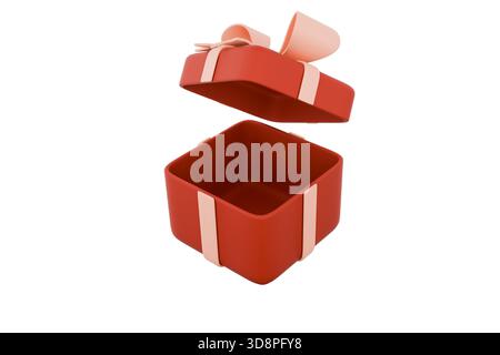 Apri la confezione regalo di Natale rossa con un bagliore dorato interno e un nastro bianco Foto Stock