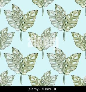 Motivo ad acquerello senza cuciture con delicate foglie verdi di monstera adansonii dipinte in un delicato stile botanico. Elegante design tropicale Foto Stock