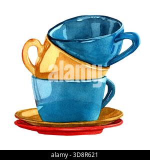 Immagine ravvicinata della tazza di caffè in ceramica nei colori giallo e blu su sfondo isolato. Tazze trafilate ad acquerello una nell'altra nel piattino. Alla moda Foto Stock