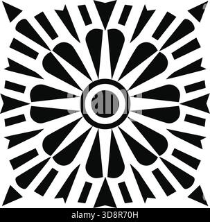 Una disposizione quadrata simmetrica utilizza forme e linee arrotondate a goccia per creare un motivo geometrico astratto simile a quello floreale in bianco e nero. Illustrazione Vettoriale