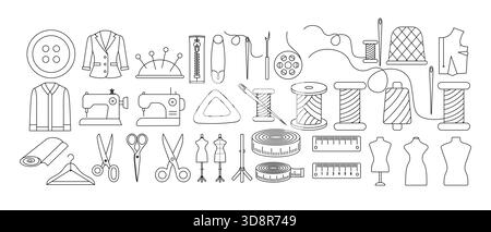 Set di icone di linea per cucire, sartoriali e indumenti, filo, ago, forbici, manichino, metro a nastro, pulsante, righello e macchina da cucire. Illustrazione Vettoriale