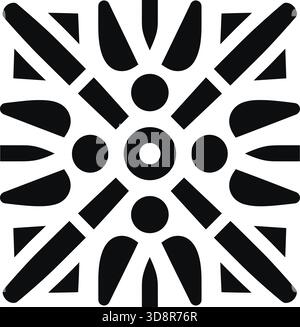 Un design quadrato composto da forme lineari, punti e forme curve simili a foglie che si irradiano da un cerchio centrale su uno sfondo bianco. Illustrazione Vettoriale