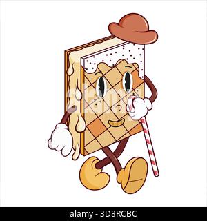 Un simpatico personaggio dei cartoni animati sotto forma di waffle con cappello e lecca lecca. Una mascotte dolce e sorridente che cammina felicemente lungo la strada Illustrazione Vettoriale