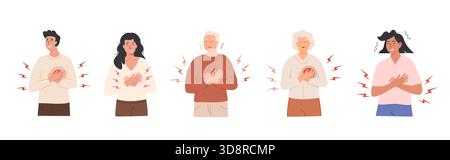 Gruppo di persone che soffrono di dolore toracico e disturbi cardiaci con un'espressione dolorosa. Sintomi di infarto, angina, problemi respiratori. Stile piatto Illustrazione Vettoriale