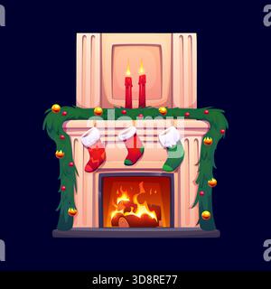 Interno del caminetto di Natale a cartoni animati con fiamma Illustrazione Vettoriale