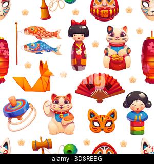 Giocattoli giapponesi e bambole piastrelle con motivo senza cuciture Illustrazione Vettoriale