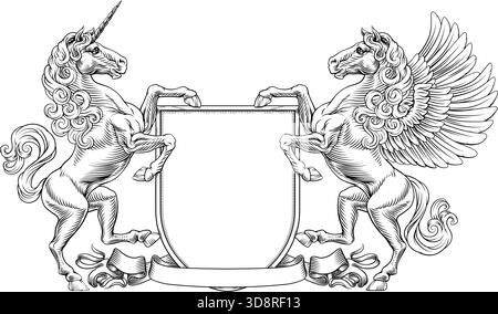 Stemma araldico Unicorn Pegasus Coat of Arms Shield Illustrazione Vettoriale