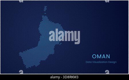 Mappa punteggiata stilizzata dell'Oman nel moderno concetto di visualizzazione circolare dei dati. Illustrazione Vettoriale