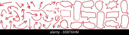 Raccolta di frecce rosse disegnate a mano e bolle di riconoscimento su sfondo bianco Illustrazione Vettoriale