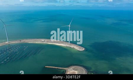 Vista dei mulini a vento in mare sotto il cielo nuvoloso. Sviluppo sostenibile, energie rinnovabili, nuove tecnologie nella produzione di energia elettrica. pla energia eolica Foto Stock