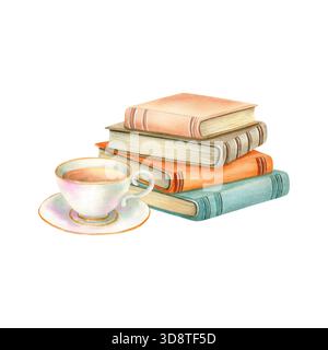 Una pila di libri, una tazza di tè. Set da tè in porcellana. Letteratura, mucchio di libri di testo per l'istruzione, vecchia copertina, pagine ingiallite. Bestseller di Encyclopedia Foto Stock