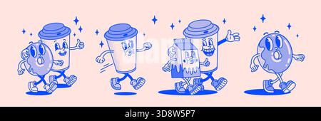 Cartoni animati con caffè retrò e ciambelle in stile vintage con personaggi da passeggio ed espressioni giocose. Collezione Fun Illustrated per adesivi Illustrazione Vettoriale