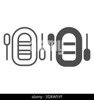 Barca con due linee a pagaia e icona solida, concetto di trasporto marittimo. Grafica vettoriale. Barca gonfiabile e remi segnalano su sfondo bianco, icona di stile mob Illustrazione Vettoriale