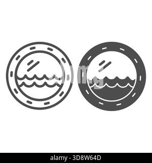 Finestra della cabina con linea onde d'acqua e icona continua, concetto interno della nave da crociera. Grafica vettoriale. Finestra rotonda con segnale delle onde marine su sfondo bianco, Illustrazione Vettoriale