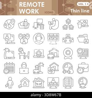 Raccolta o schizzi di simboli di lavoro remoto. barra tematica del lavoro per freelance in stile sottile segni per web e app. Grafica vettoriale isolata su sfondo bianco Illustrazione Vettoriale