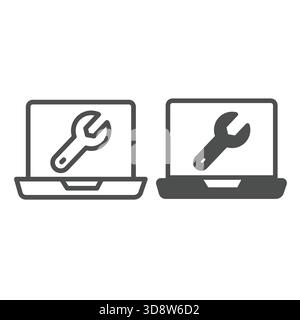 Schermo per laptop con chiave inglese e icona continua, concetto di servizio di riparazione. Grafica vettoriale. Riparazione computer, segnale messaggio di sistema su sfondo bianco, uscita Illustrazione Vettoriale