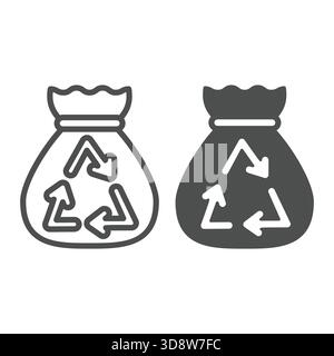 Sacchetti e frecce di riciclo con linea e icona continua, concetto di cambiamento climatico. Grafica vettoriale. Confezione di plastica con cartello di riciclo su sfondo bianco, contorno S Illustrazione Vettoriale