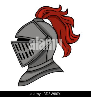 Illustrazione vettoriale stilizzata di un casco da cavaliere medievale con un pennacchio rosso brillante, raffigurato in una vista del profilo con contorni audaci e shadin liscio Illustrazione Vettoriale