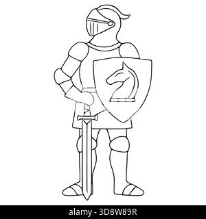 Illustrazione vettoriale stilizzata di un cavaliere medievale in armatura completa che regge una spada e uno scudo con un emblema del cavaliere degli scacchi. Illustrazione Vettoriale