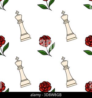 Motivo vettoriale senza cuciture con una giocosa disposizione di pezzi da re degli scacchi color crema e rose rosse vivaci con foglie verdi, ambientato contro un cris Illustrazione Vettoriale
