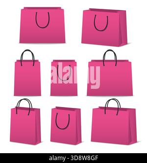 Set di sacchetti per la spesa in carta rosa. Sacchetti vuoti con manici in corda in diverse viste, collezione di sacchetti regalo bianchi per confezioni per negozi al dettaglio, branding Illustrazione Vettoriale