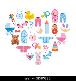 illustrazione di oggetti domestici e giocattoli per bambini a forma di cuore su sfondo bianco Illustrazione Vettoriale