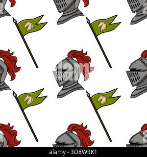 Motivo vettoriale senza cuciture con caschi da cavaliere medievali con pennant rossi e bandiere verdi con un emblema del cavallo, su una ba bianca pulita Illustrazione Vettoriale
